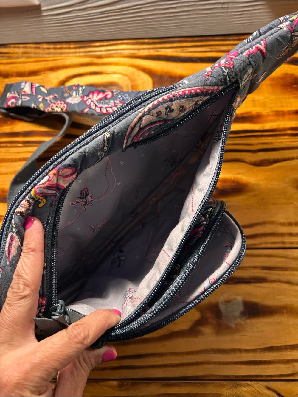 Vera Bradley Charcoal Paisley Quilted Sling Bag with Pink Accents - Picture 3 of 7
